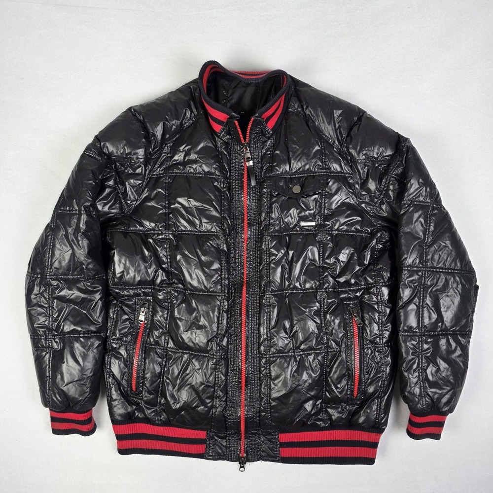 Vintage Y2k Sean John Puffer Jacket Mens 2XL Black Red Shiny Hip Hop Streetwear
